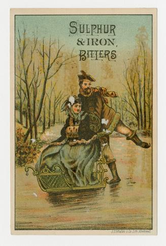 Colour card advertisement depicting a woman being pushed on a sled by a man, possibly on ice. T ...