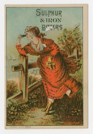 Colour card advertisement depicting a woman in a red dress peering through binoculars. The back ...