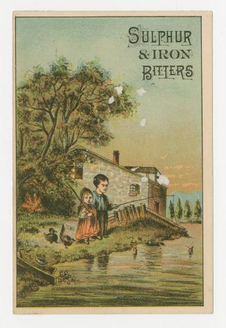 Colour card advertisement depicting two people fishing beside a river-front house. The back con ...