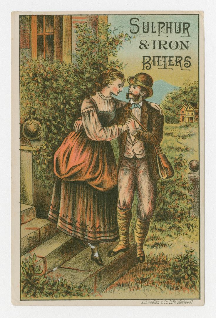 Colour card advertisement depicting a man and woman with their arms around each other. The back ...