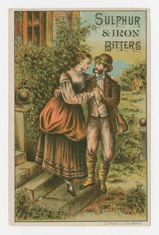 Colour card advertisement depicting a man and woman with their arms around each other. The back ...