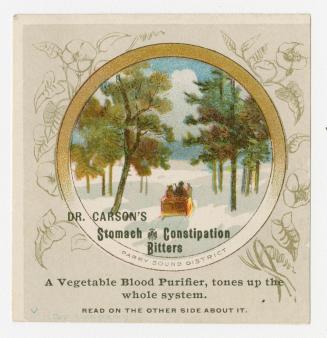 Colour card advertisement depicting an illustration of a wintery rural Parry Sound district, an ...