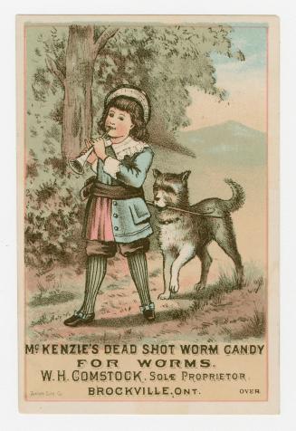 Colour card advertisement of medicinal candy that treats worms, depicting an illustration of a  ...