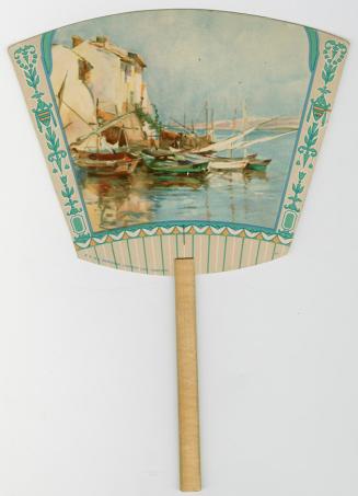 Painting of houses and boats at the seashore with a decorative border. 