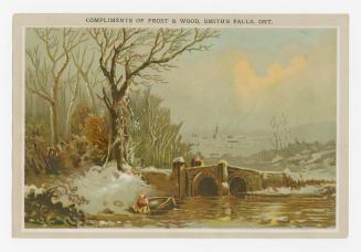 Colour trade card depicting a river's edge with a small bridge and canoe in the foreground. Tex ...