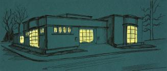 Black line drawing of Locke Library branch on dark blue/green paper with all windows in yellow. ...
