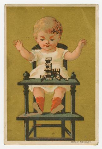 Colour trade card advertisement for Patterson & Bro., depicting an illustration of a child sitt ...