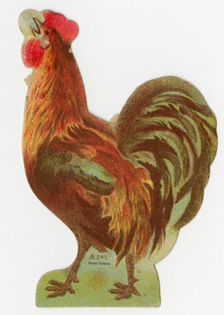 Colour trade card advertisement for Pure Gold Goods depicting an illustration of a rooster and  ...