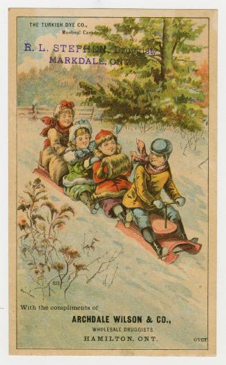 Colour trade card advertisement depicting an illustration of four children sledding down a slop ...