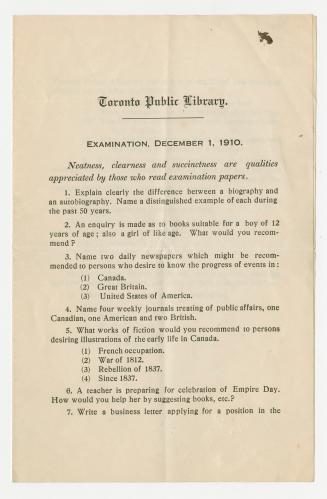 Pamphlet with examination questions for library staff. 