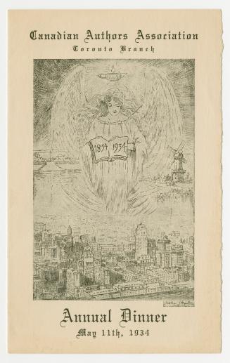 Sketch of downtown Toronto buildings with an angel hovering above. The angel is holding an open ...