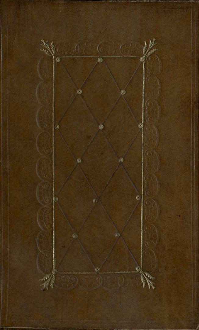 Book cover; brown leather with gold decorations.