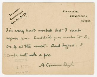 Manuscript postcard in Arthur Conan Doyle's handwriting. 