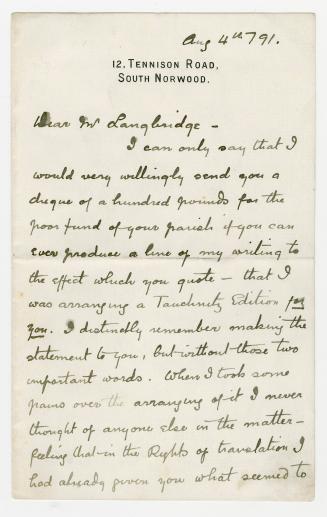 Manuscript letter in Arthur Conan Doyle's handwriting. 
