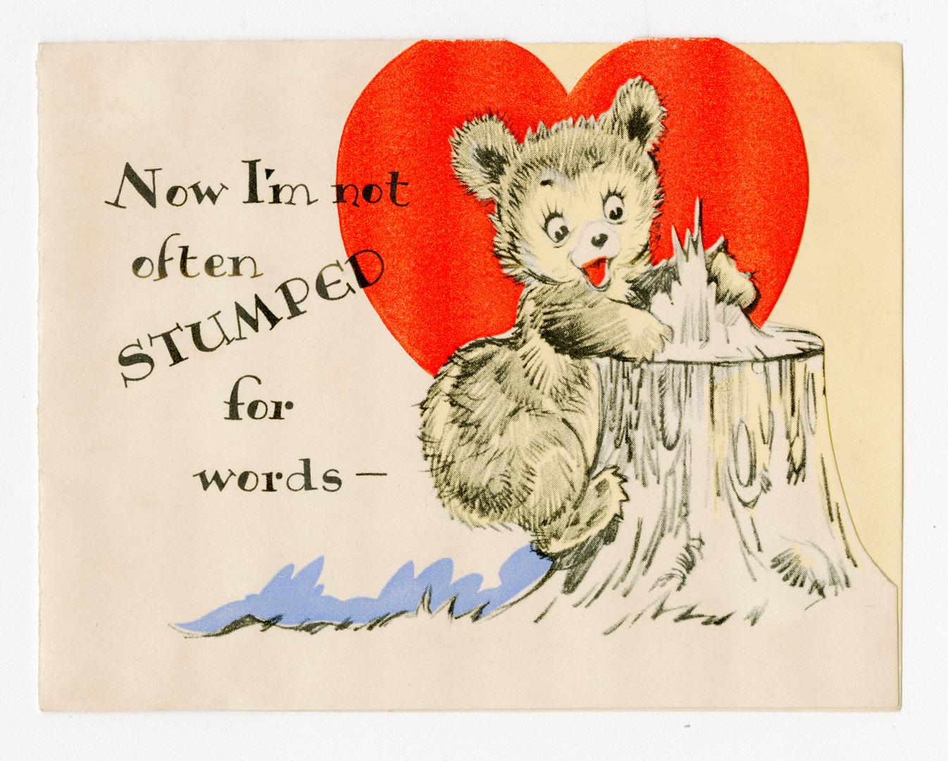 A bear cub climbs a tree strump. A red heart is in the background. A verse is written on the le ...
