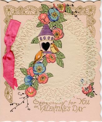 At the centre of this folded lace card is a flowering branch that holds a purple bird feeder. T ...
