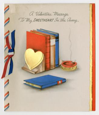 The front of the card pictures books, a gold heart and a cigarette in an ash tray. It is also d ...