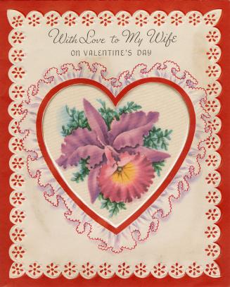 At the centre of the card is a heart-shaped silk insert. It pictures a purple and pink flower.  ...