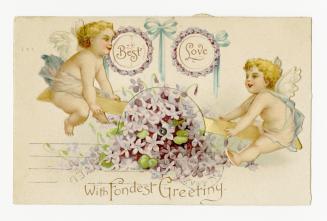A mechanical card.Two cherubs sit on a teeter-totter behind purple flowers. Pulling the tab at  ...