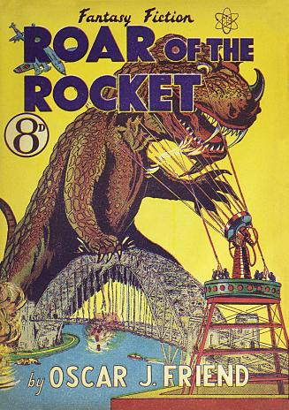 Book cover: Pulp magazine-style art depicting a Godzilla-like monster.