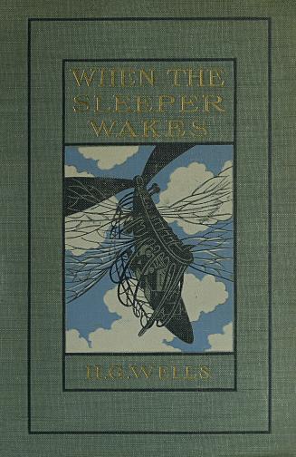 Book cover: Illustration of two people in a flying machine with insect wings.