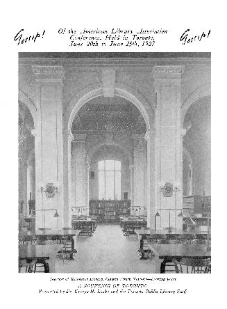 Brochure with photo on front cover of large library room with arches and tables. 