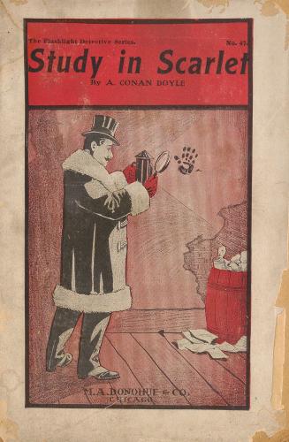 Pictorial paper wrappers with illustration in red, black and white on front cover of man in top ...