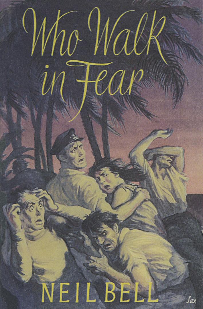 Book cover: Several people on a tropical beach looking scared.