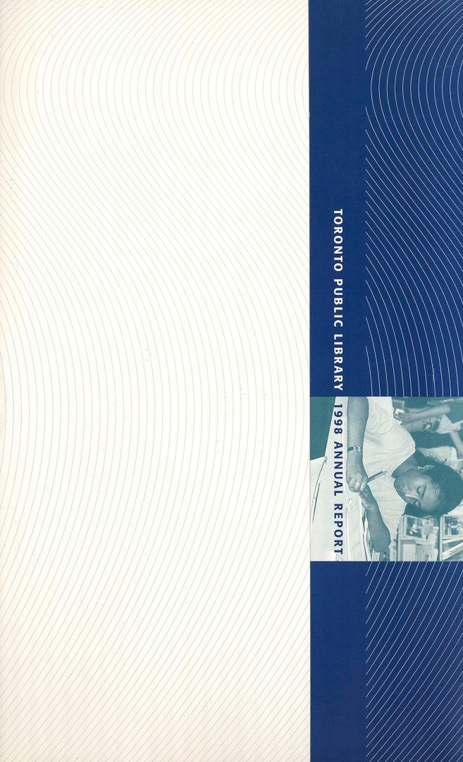 Blue striped cover with photo of child writing and title Toronto Public Library Annual Report.