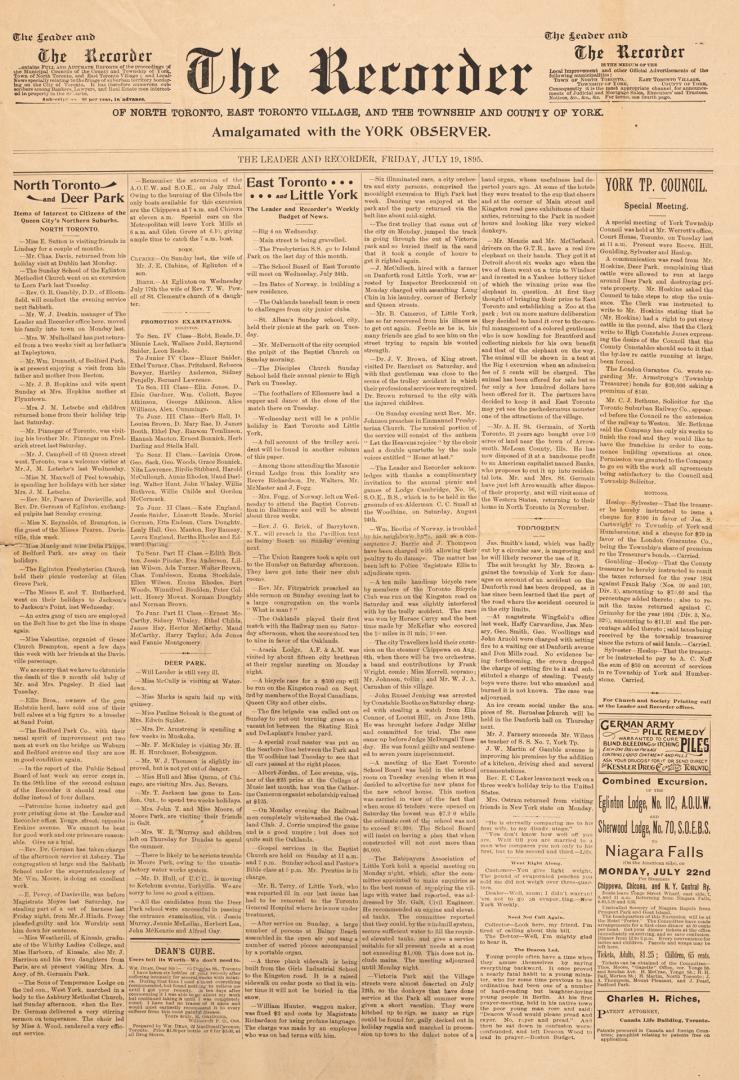 The recorder of North Toronto, East Toronto Village and the Township and County of York; amalgamated with the York Observer