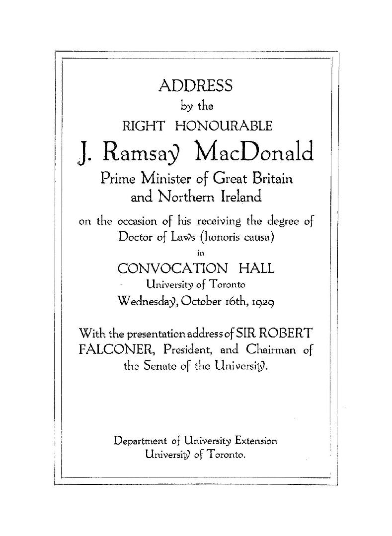 Address by the Right Honourable J. Ramsay MacDonald Prime Minister of Great Britain and Northern Ireland