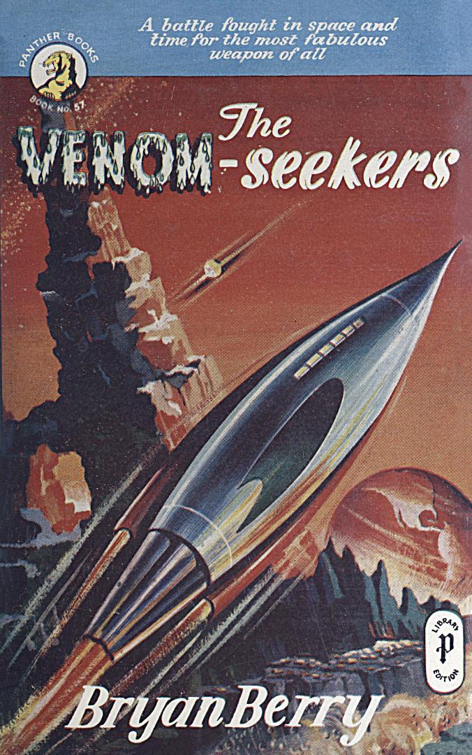 Book cover: Illustration of a cylindrical rocket ship on a red mountainous background.