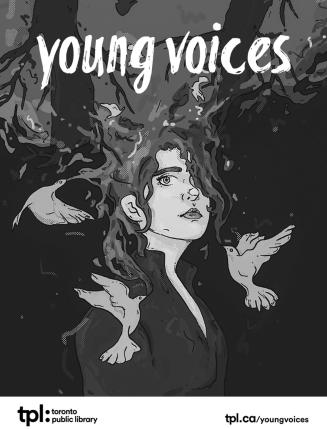 Black and white drawing of a girl with birds on her shoulders and title in white lettering. 