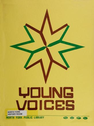 Yellow cover with geometric star design in brown and green and brown lettering Young Voices. 