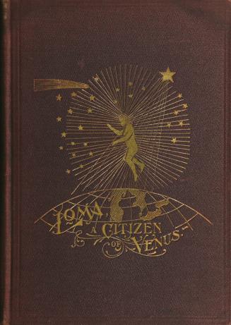 Book cover: Brown cloth with title in gold text. A man beams down from the stars.
