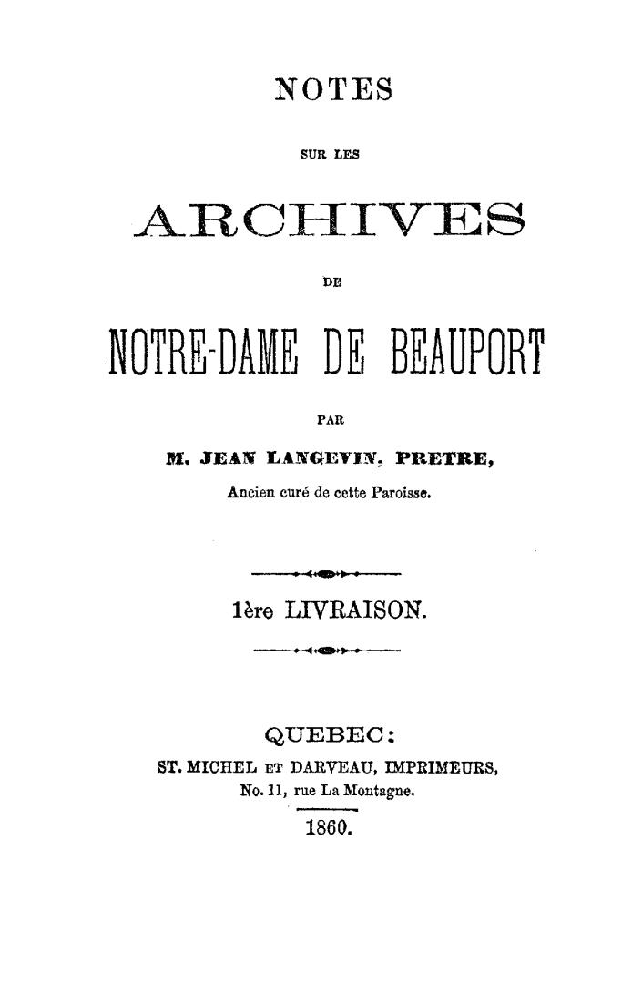 Black text on white cover page, title reads: "Notes sur les archives de Notre-Dame de Beauport"