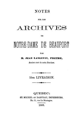 Black text on white cover page, title reads: "Notes sur les archives de Notre-Dame de Beauport"