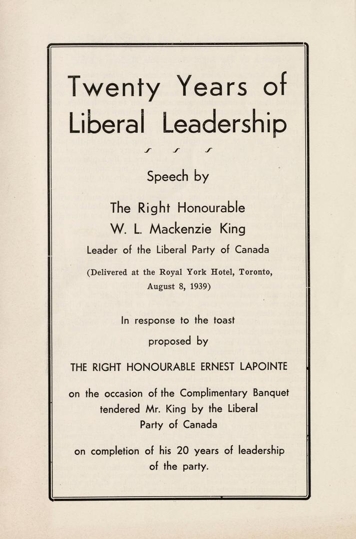 A 16-page booklet containing the full text of a speech delivered by The Right Honourable W.L. M ...