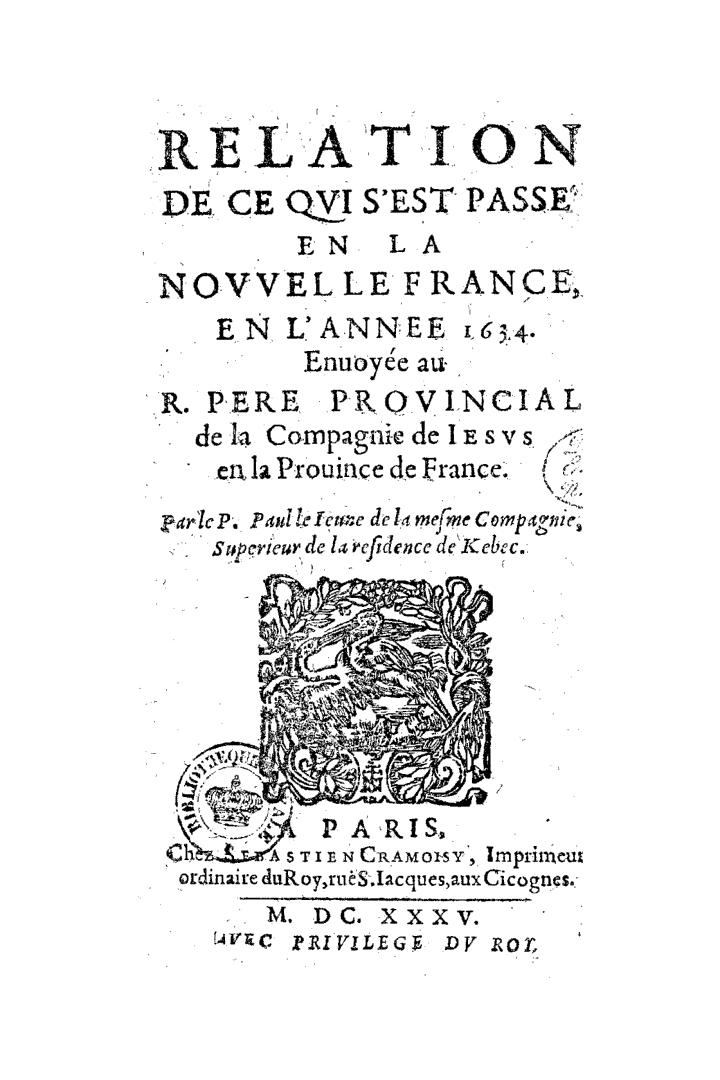 Black text on white cover page reads: "Relation de ce qvi s'est passé en la Novvelle France en  ...