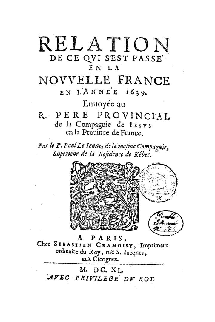 Black text on white cover page reads: "Relation de ce qvi s'est passé en la Novvelle France en  ...