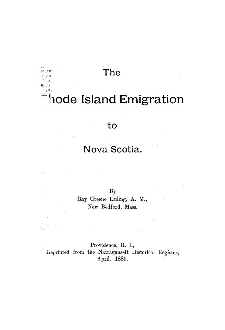 Black text on white cover page reads: "The Rhode Island Emigration to Nova Scotia"