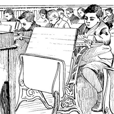 Blank colouring page of vintage classroom